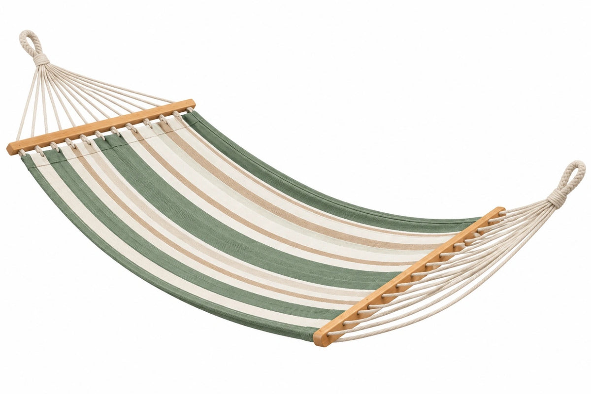 Amaca 200 x 80 cm in cotone verde bianco beige con barre in legno - per giardino e terrazza