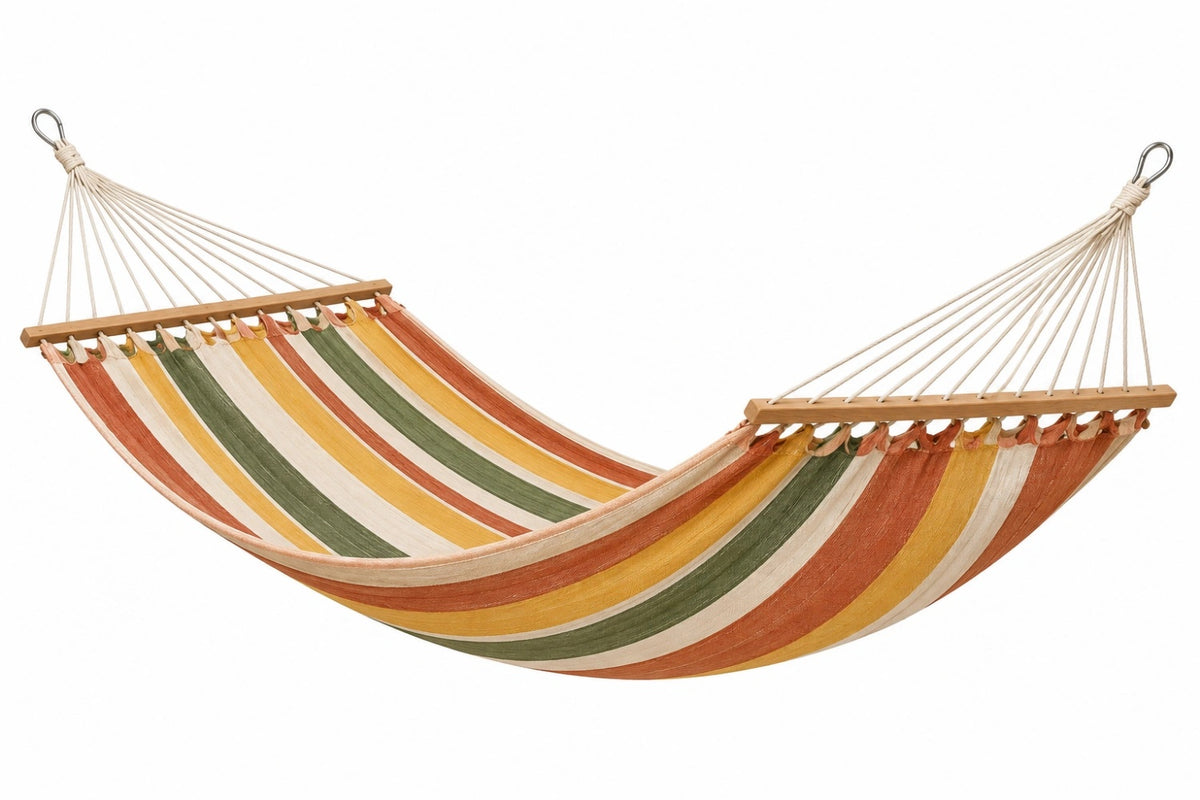 Amaca 200 x 100 cm in cotone terracotta giallo verde e crema con barre in legno per giardino stile a righe