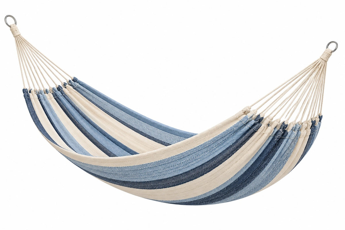 Amaca 300 x 100 cm in cotone blu e beige con anelli in metallo