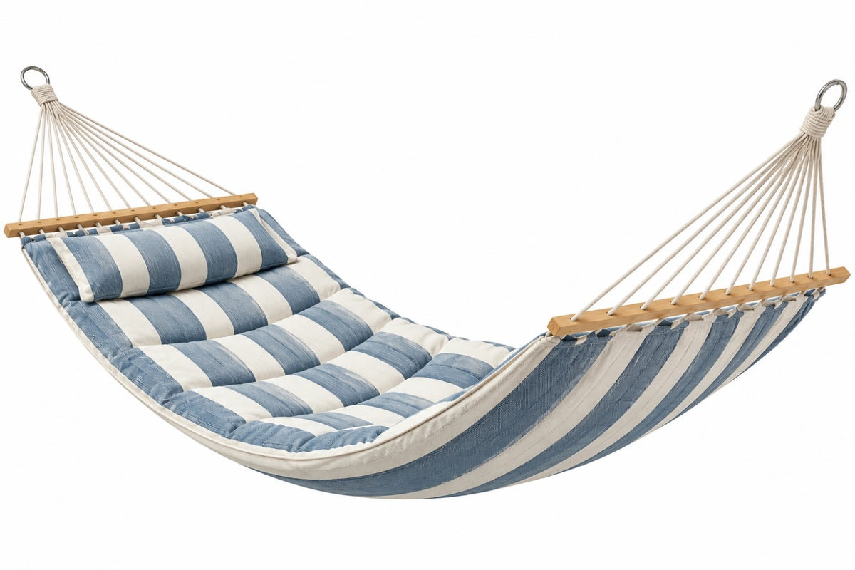 Amaca imbottita 200 x 140 cm in tessuto blu/bianco con barre in legno per esterno