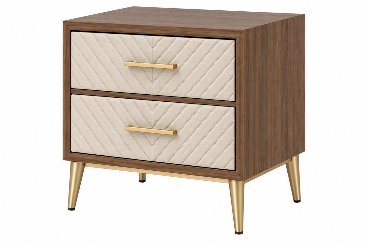Comodino 60 x 40 x 65 cm effetto legno noce e tessuto beige con 2 cassetti stile moderno