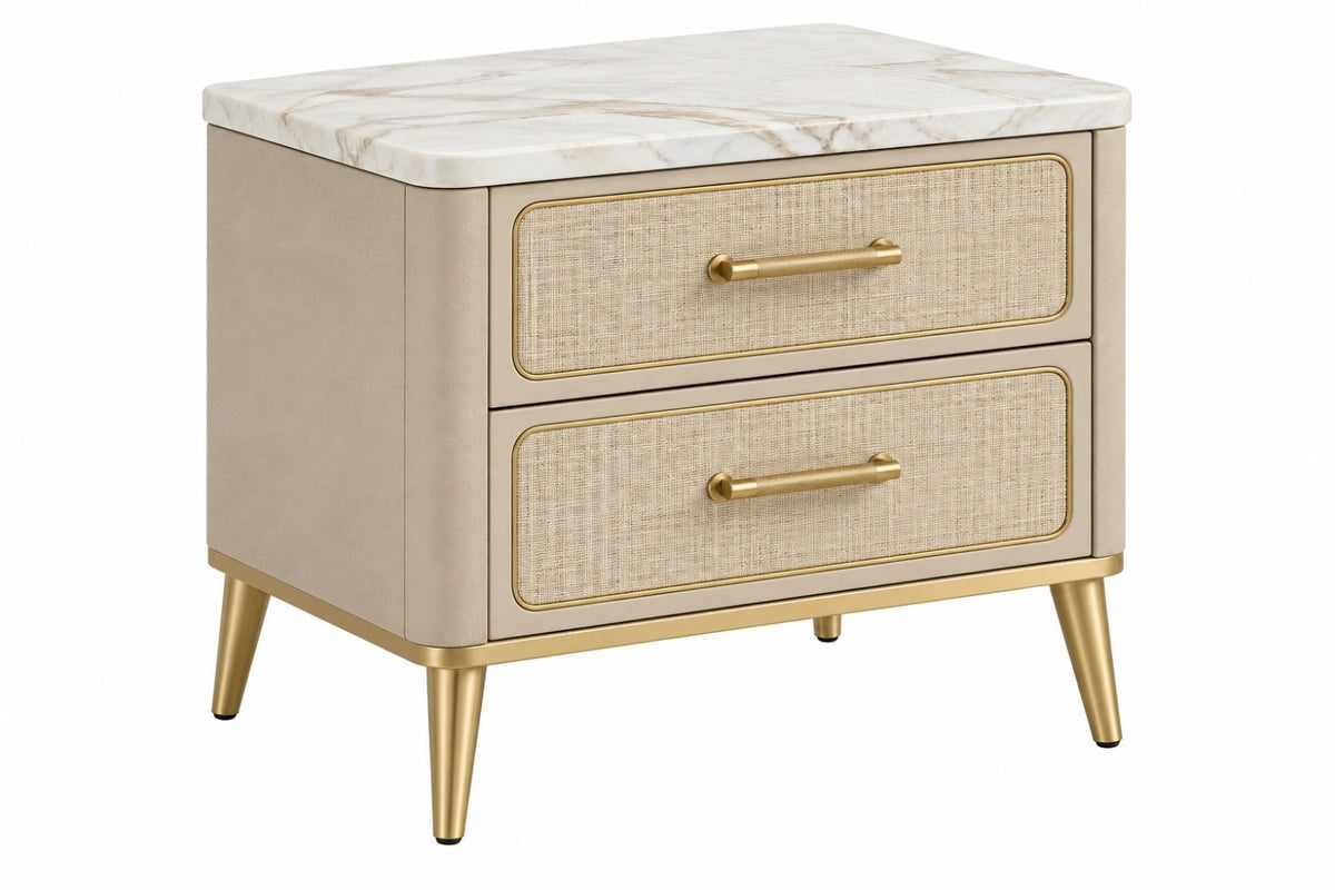 Comodino 60 x 45 x 60 cm con 2 cassetti beige piano effetto marmo stile moderno