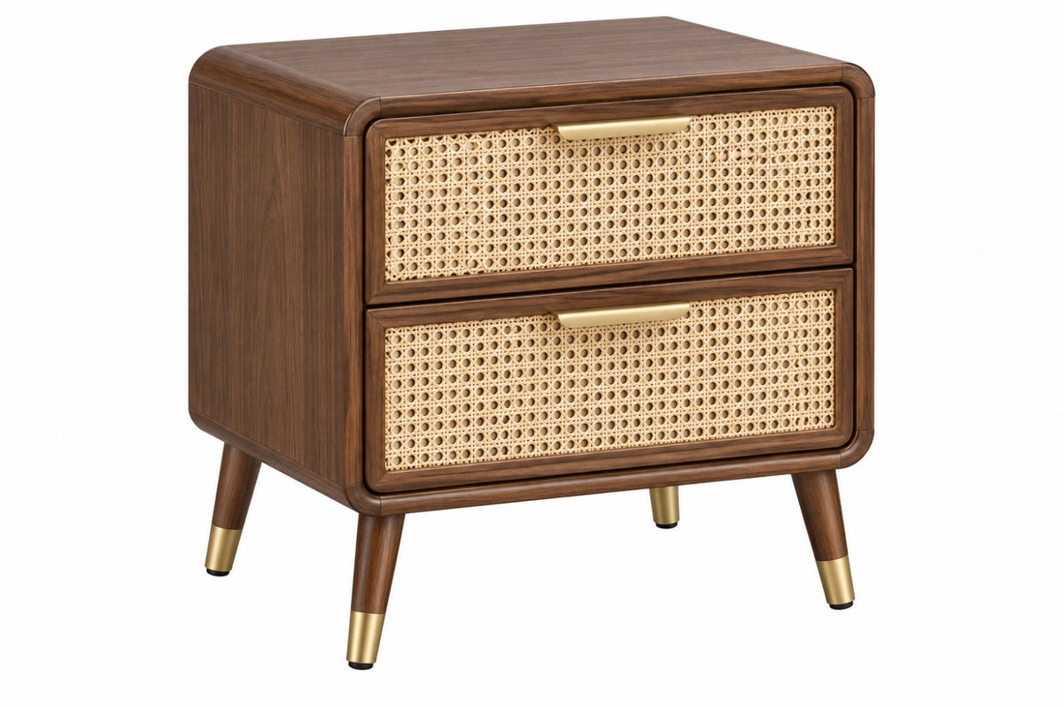 Comodino 55 x 40 x 65 cm in legno marrone con rattan intrecciato - 2 cassetti stile retrò