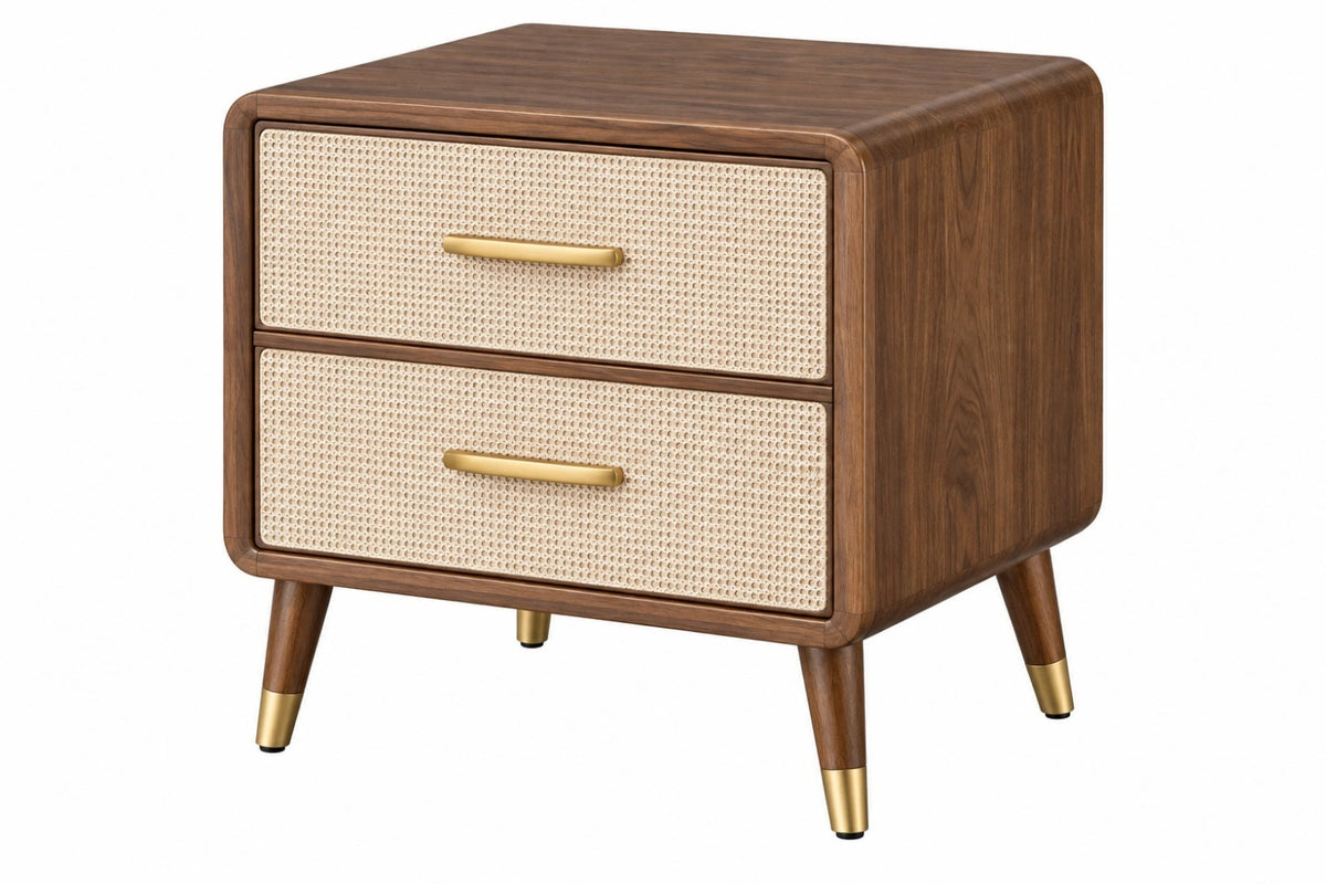 Comodino 50 x 40 x 55 cm in legno marrone con 2 cassetti in rattan - stile retrò