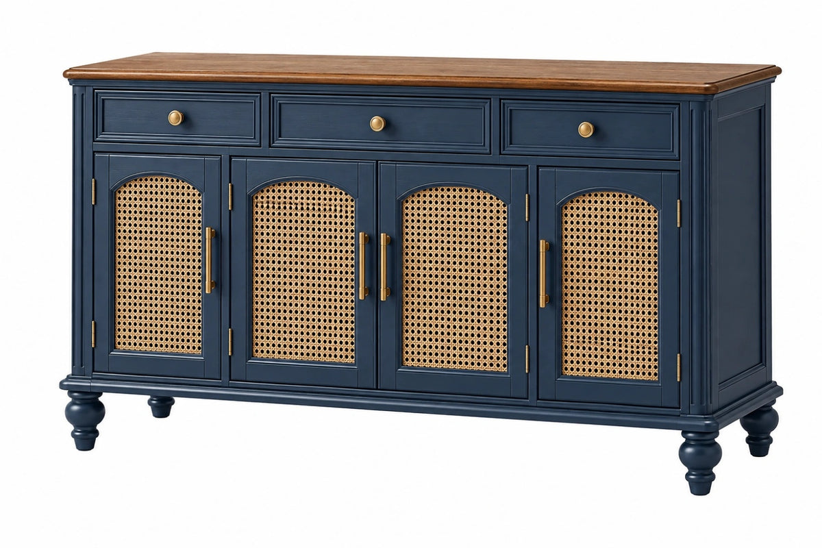 Credenza 180 x 45 x 90 cm in legno blu navy con rattan - 3 cassetti e 4 ante stile classico