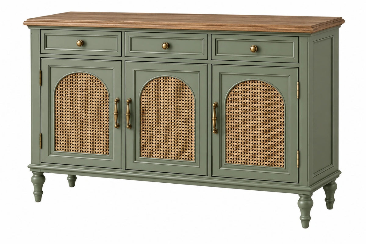 Credenza 160 x 45 x 95 cm in legno verde salvia con rattan - stile classico per soggiorno