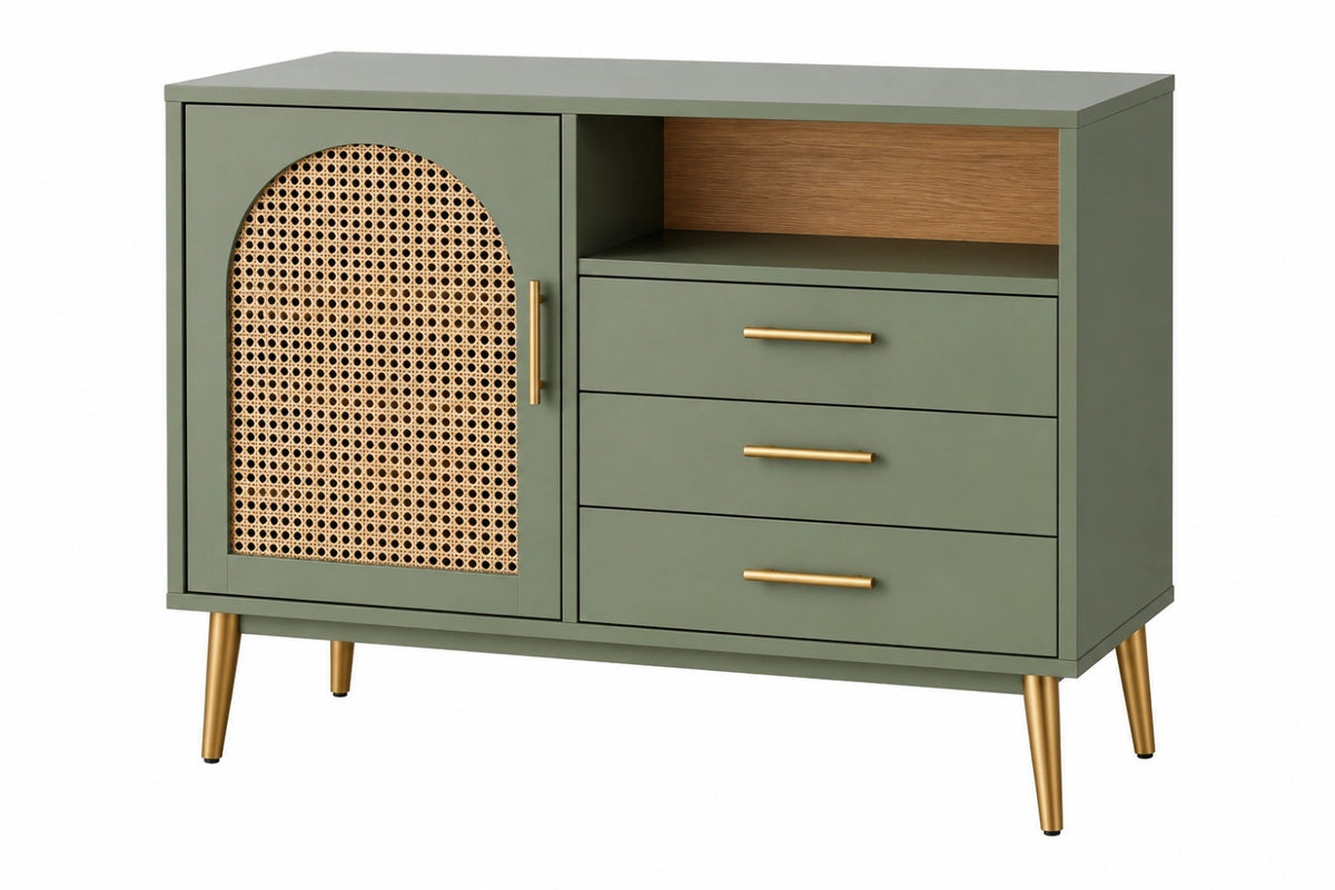 Credenza 120 x 40 x 85 cm verde in legno e rattan con cassetti stile retrò