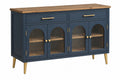 Credenza 160 cm blu navy con piano effetto legno e vetro rigato stile moderno