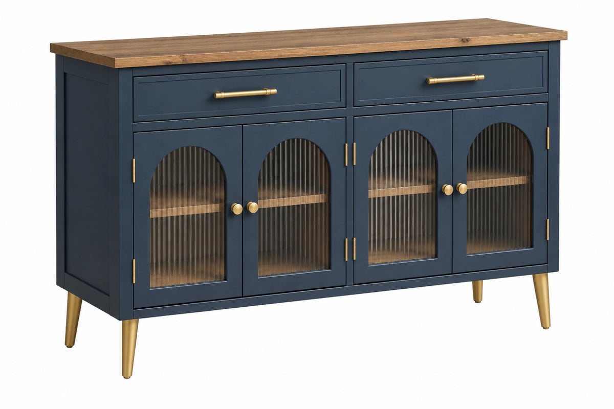 Credenza 160 cm blu navy con piano effetto legno e vetro rigato stile moderno
