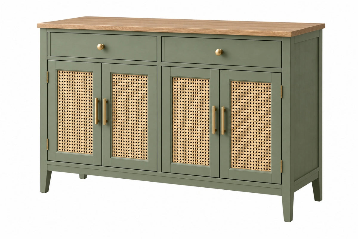 Credenza 160x45x90 cm in legno verde con ante in rattan stile naturale