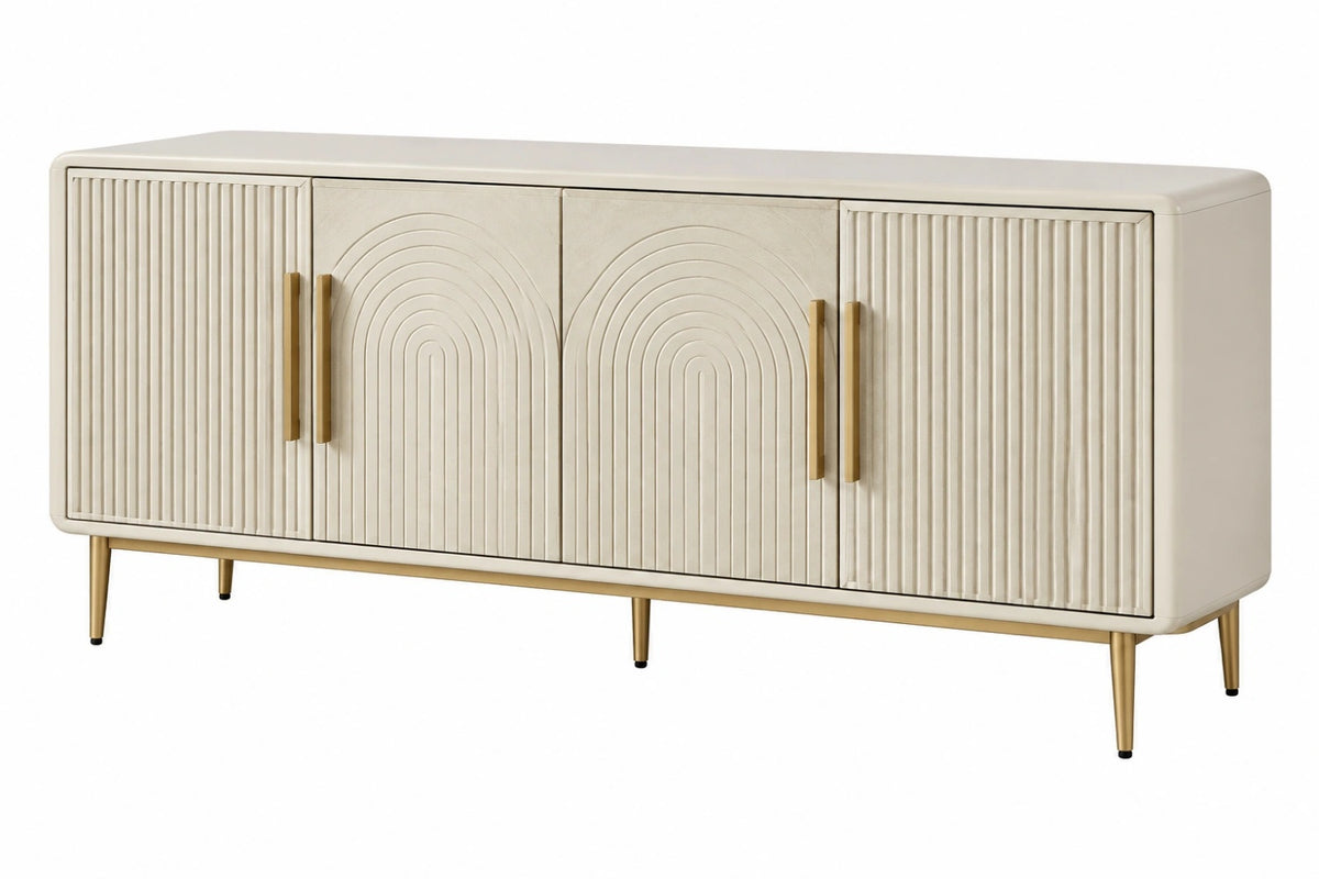 Credenza 180 x 40 x 80 cm in legno avorio con ante scanalate e struttura in metallo dorato