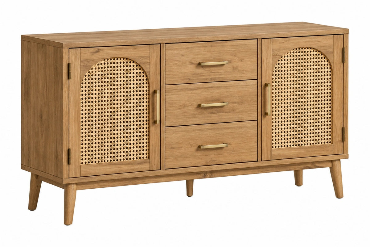 Credenza 140 x 40 x 80 cm in legno marrone con rattan - contenitore con 3 cassetti e 2 ante