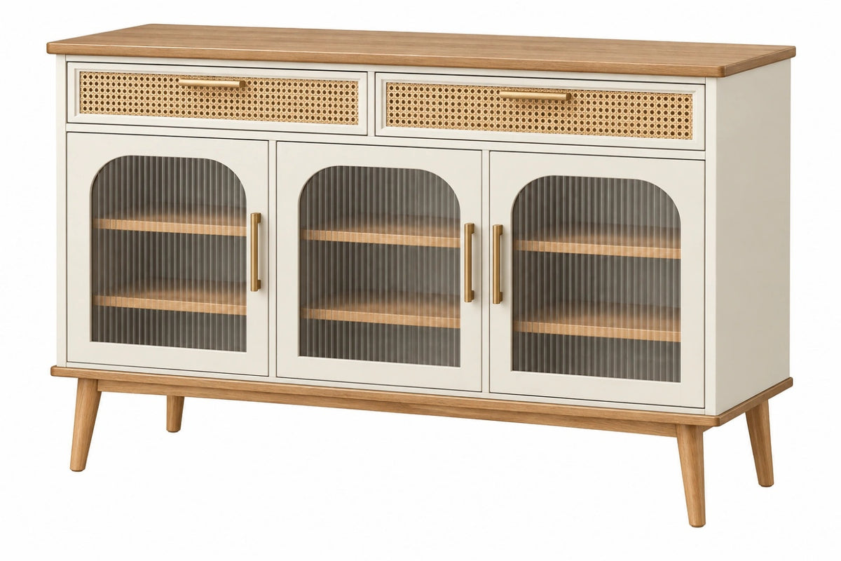 Credenza 150 x 40 x 85 cm in legno avorio e marrone con vetro scanalato e rattan