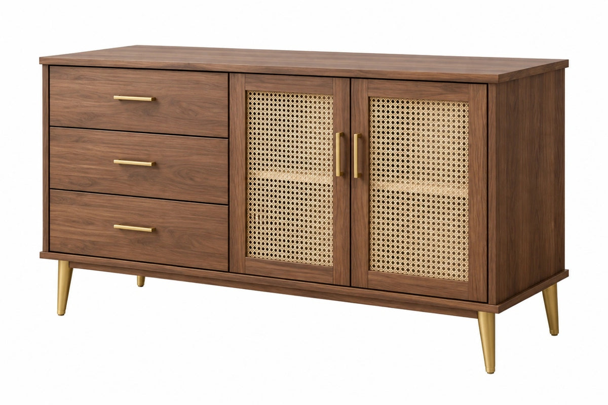 Credenza 150 x 45 x 85 cm in legno marrone con rattan intrecciato stile moderno