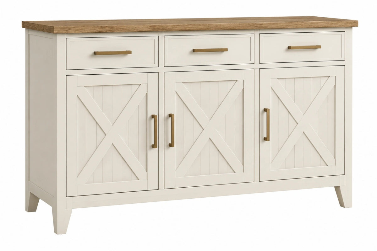 Credenza 160 x 45 x 90 cm in legno bianco e rovere - 3 ante 3 cassetti stile rustico