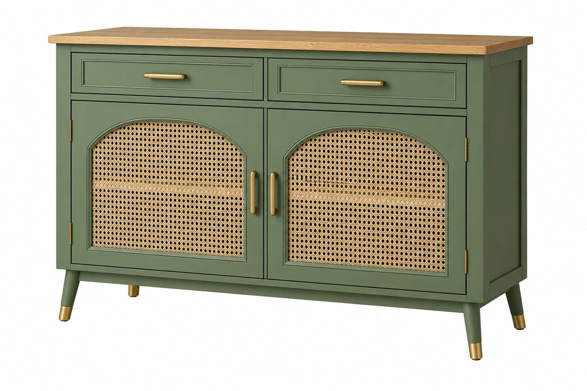 Credenza 120 cm in legno verde con ante in rattan - contenitore stile retrò