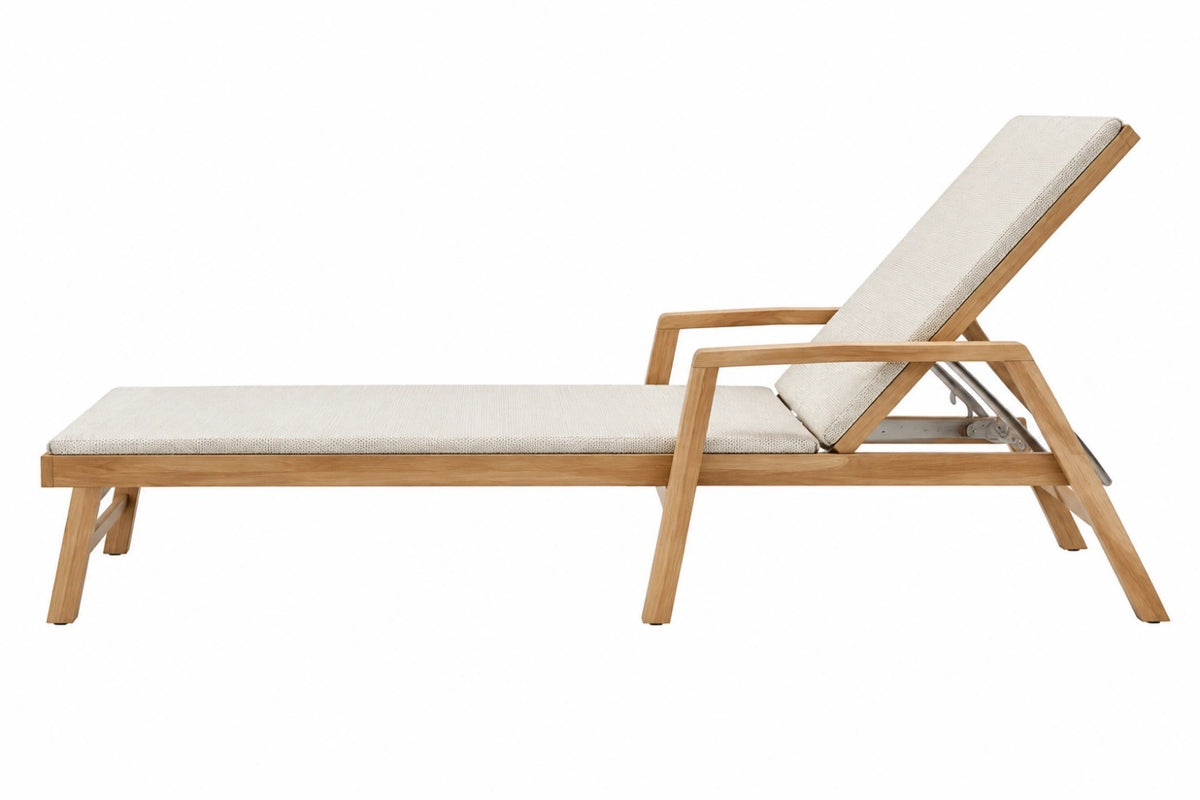 Lettino prendisole 200 x 70 x 90 cm in legno naturale con rivestimento beige e schienale reclinabile da esterno