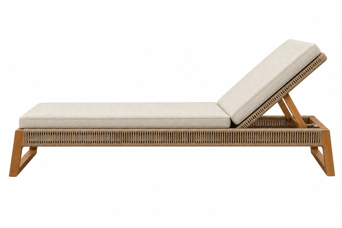 Lettino prendisole 200 x 70 cm in legno e corda beige per esterno con schienale reclinabile