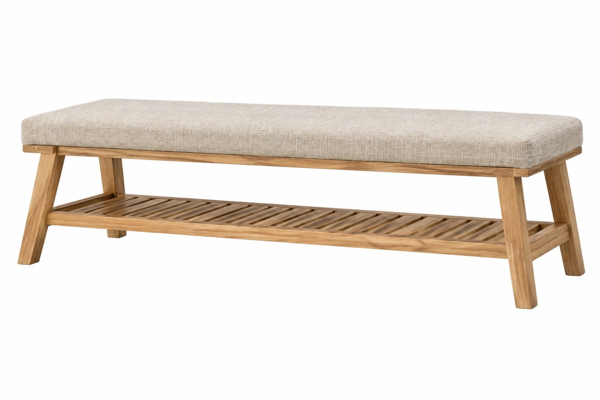 Panca da ingresso 180 x 45 x 48 cm in legno naturale e tessuto beige con ripiano stile moderno