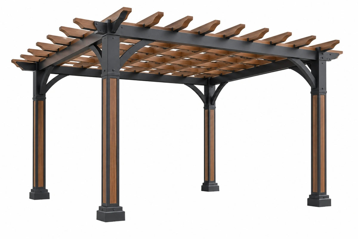Pergola da giardino 300 x 300 x 250 cm in metallo e legno marrone nero - struttura a doghe