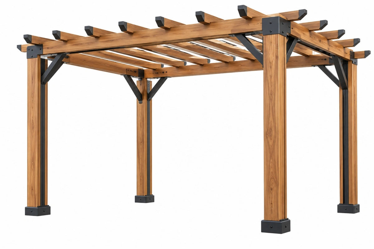 Pergola da giardino 400 x 300 x 250 cm in legno marrone con struttura in metallo nero