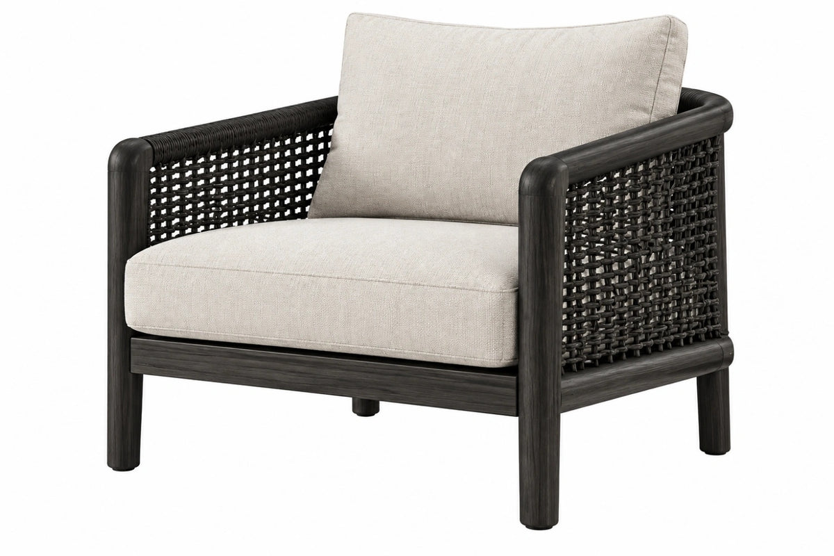 Poltrona da esterno 80 x 78 x 78 cm in legno nero e fibra intrecciata con seduta imbottita stile contemporaneo