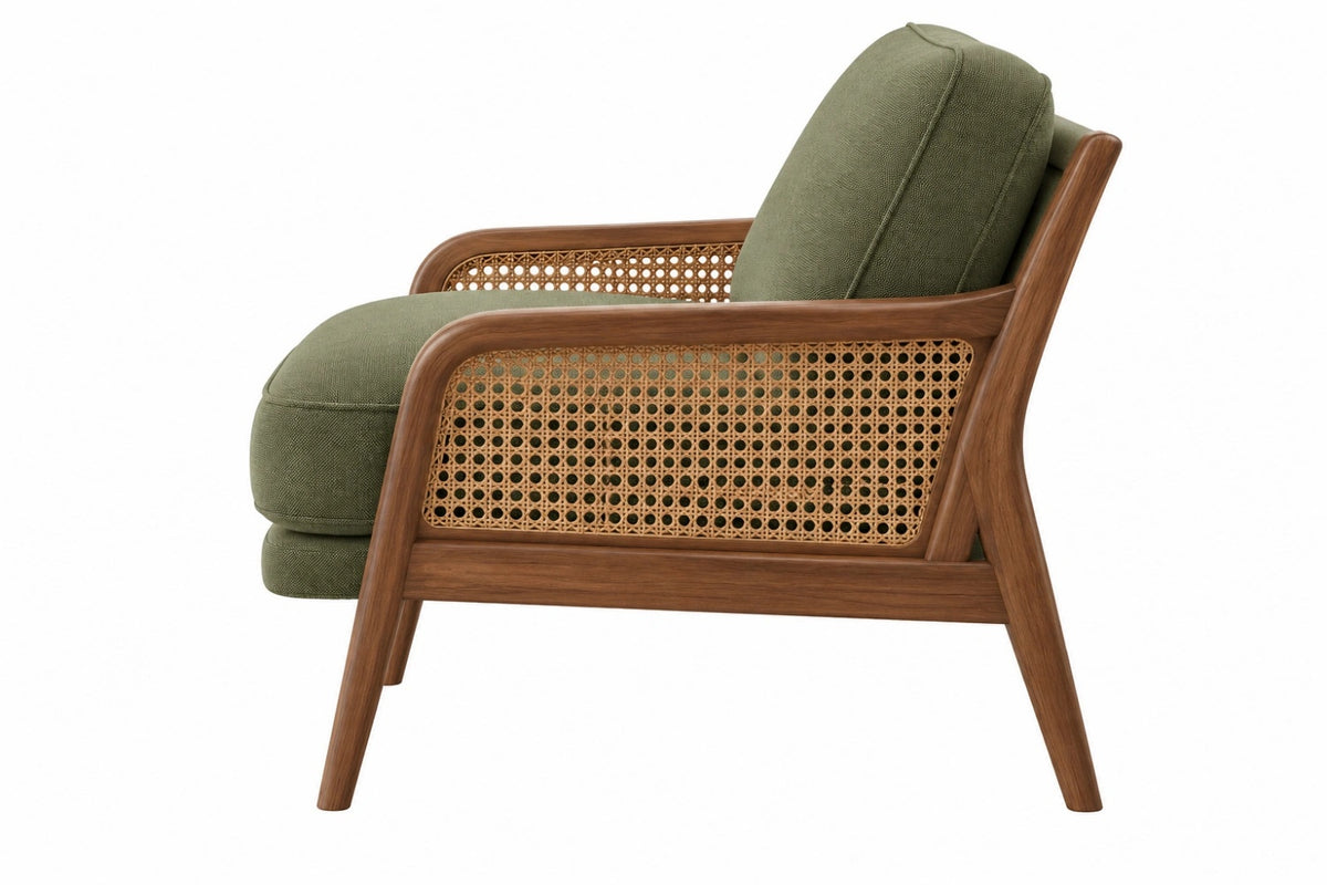 Poltrona 76 x 82 x 84 cm in legno e rattan verde con rivestimento in tessuto stile retrò
