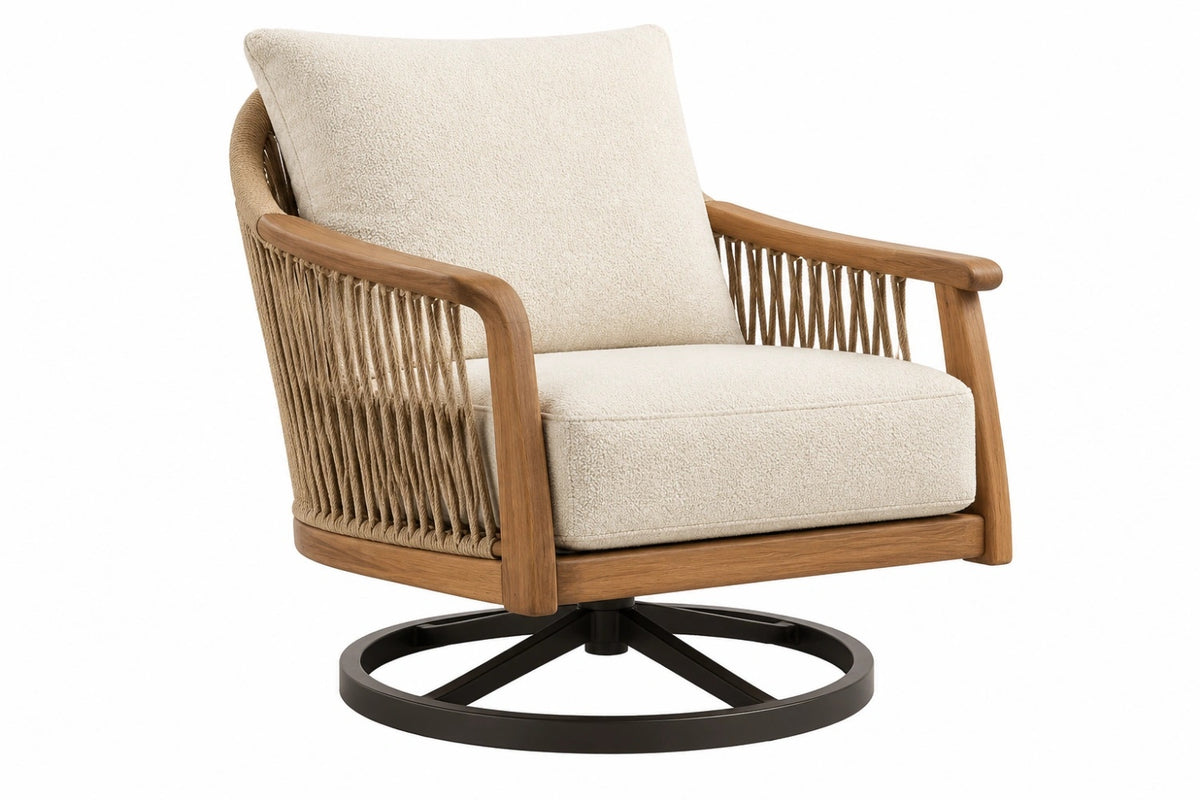 Poltrona girevole 78 x 83 x 88 cm in legno e corda beige stile naturale