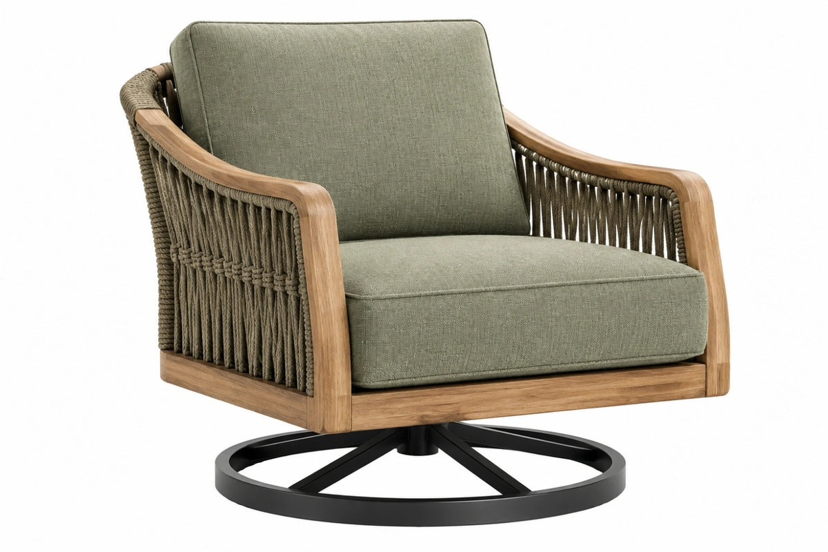 Poltrona girevole 82 x 86 x 85 cm in legno tessuto verde e corda stile naturale