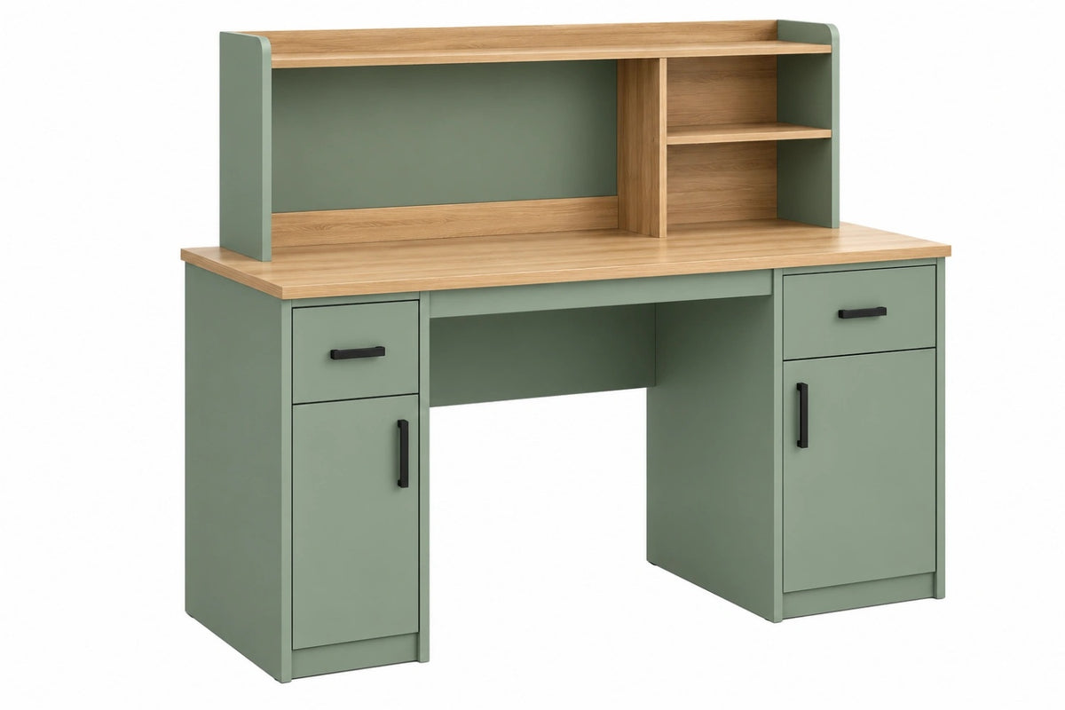 Scrivania con scaffale 120 x 60 cm in legno verde salvia e naturale con cassetti stile moderno