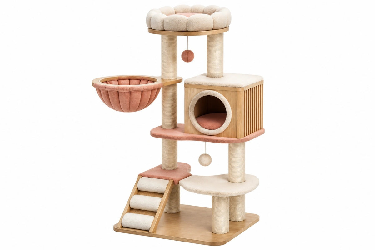 Tiragraffi per gatti 60 x 50 x 160 cm in legno sisal e peluche beige rosa con cuccia e piattaforme