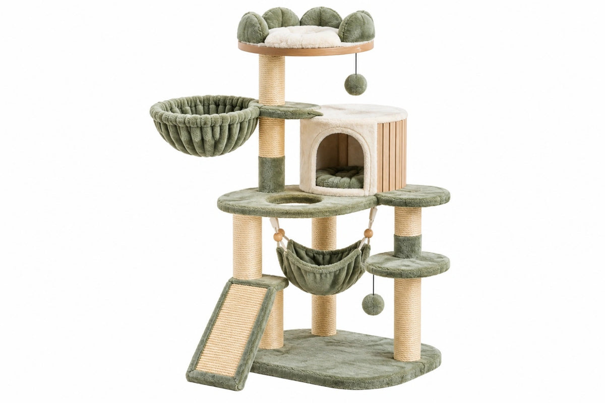 Tiragraffi per gatti 100 x 60 x 145 cm in sisal e peluche verde e beige - torre con cuccia amache e rampa