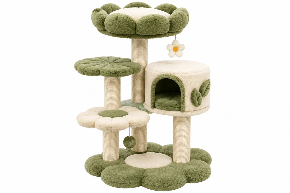 Tiragraffi per gatti 60 x 60 x 110 cm in sisal e peluche verde crema con cuccia e piattaforme