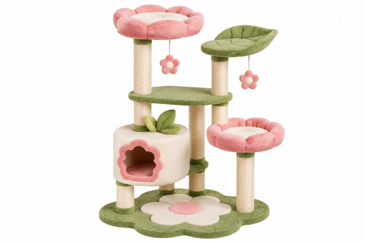 Tiragraffi per gatti 85 x 50 x 140 cm in sisal e peluche rosa verde e bianco con cuccia e piattaforme