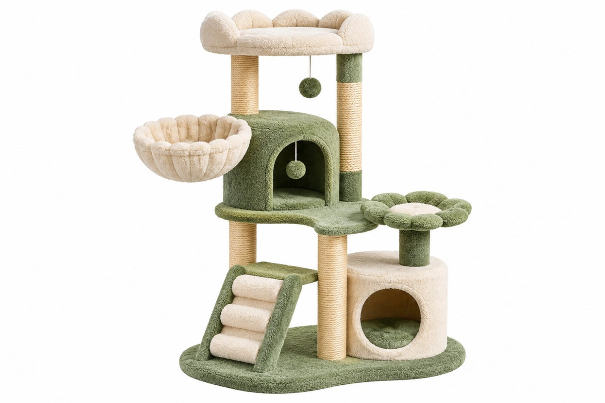 Tiragraffi per gatti 60 x 50 x 135 cm in sisal e peluche verde e crema con cuccia e piattaforme