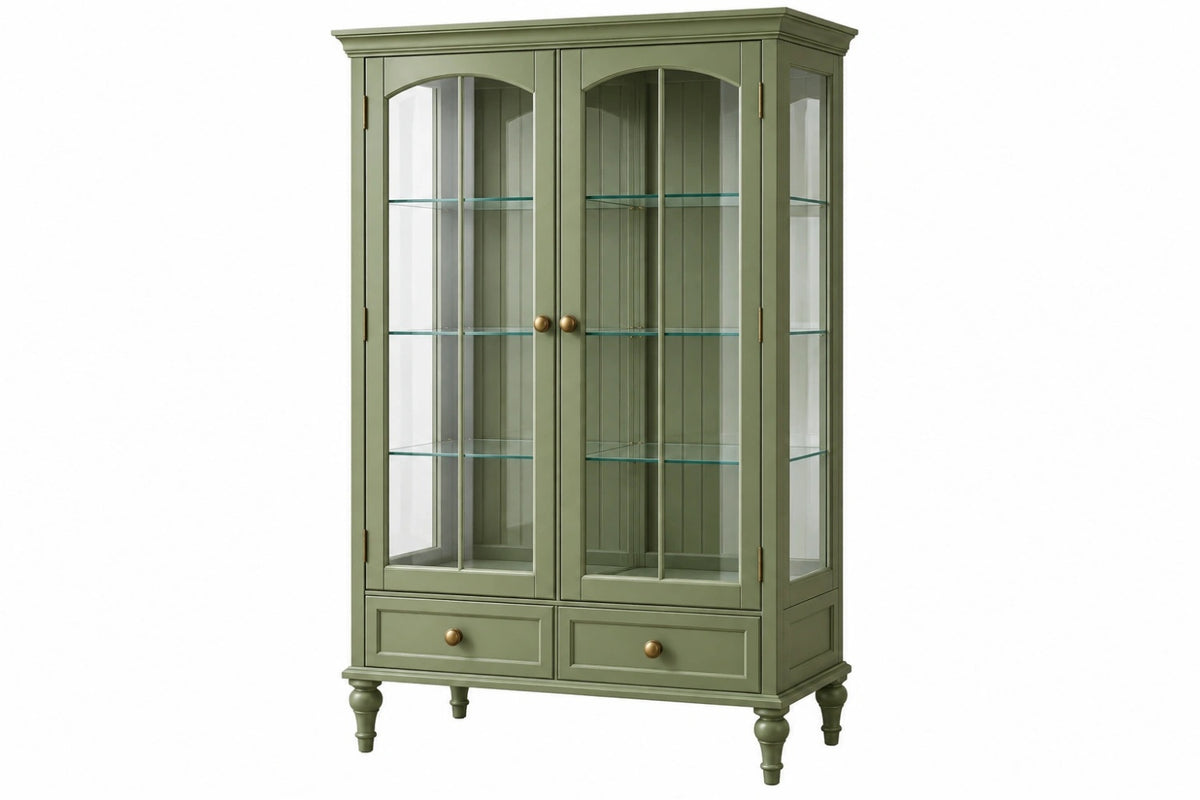 Vetrina 100 x 45 x 190 cm in legno e vetro verde salvia con 2 ante e 2 cassetti