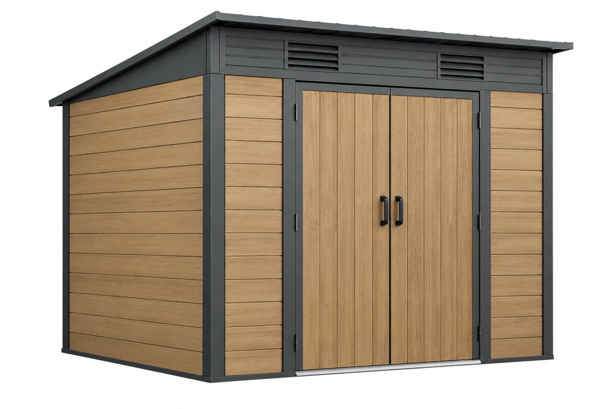 Casetta da giardino 210 x 120 x 190 cm in metallo effetto legno marrone e antracite con doppia porta ventilata
