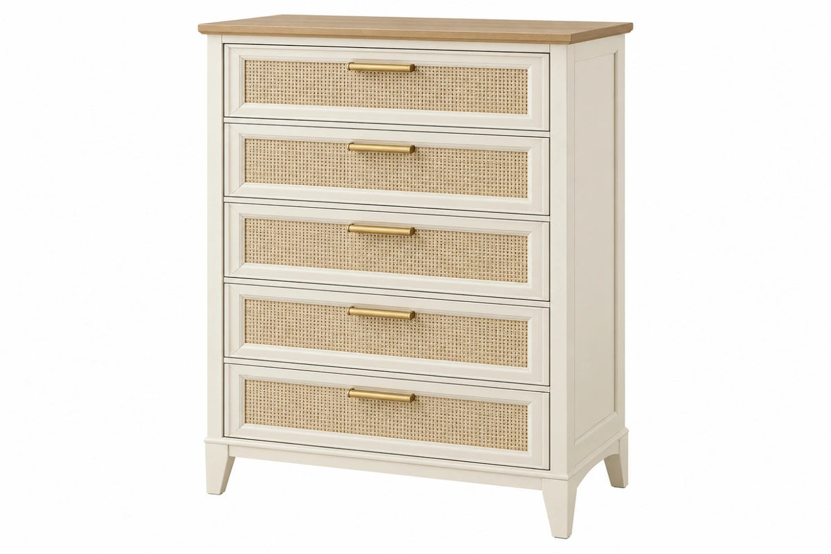 Cassettiera 90 x 45 x 120 cm in legno bianco e rattan con 5 cassetti stile classico