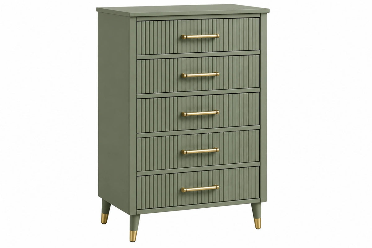 Cassettiera 80 x 40 x 110 cm in legno verde salvia a 5 cassetti stile moderno