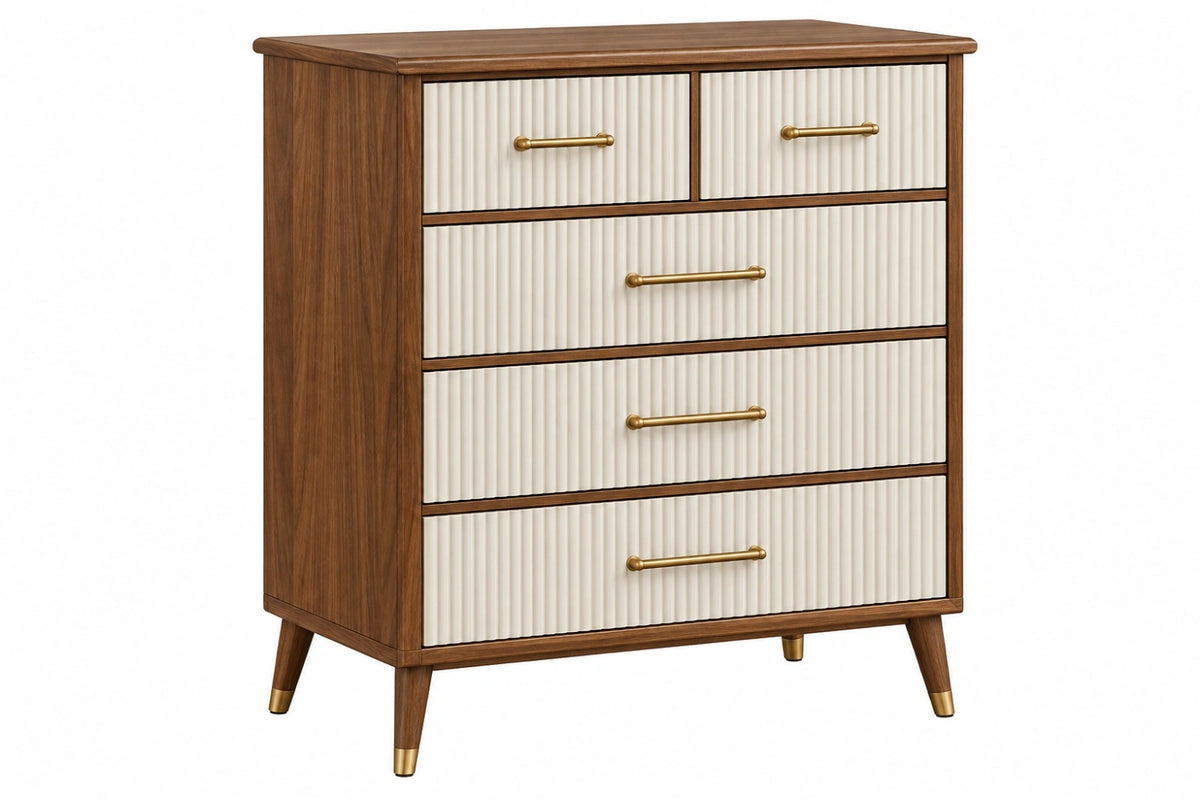 Cassettiera 90 x 45 x 110 cm in legno marrone e bianco con 5 cassetti stile retrò